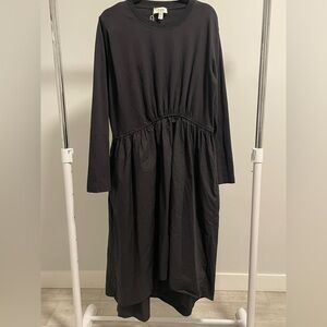 COS Women’s Black Midi Long Sleeve Dress M Asymmetrical Gathered Waist Poplin